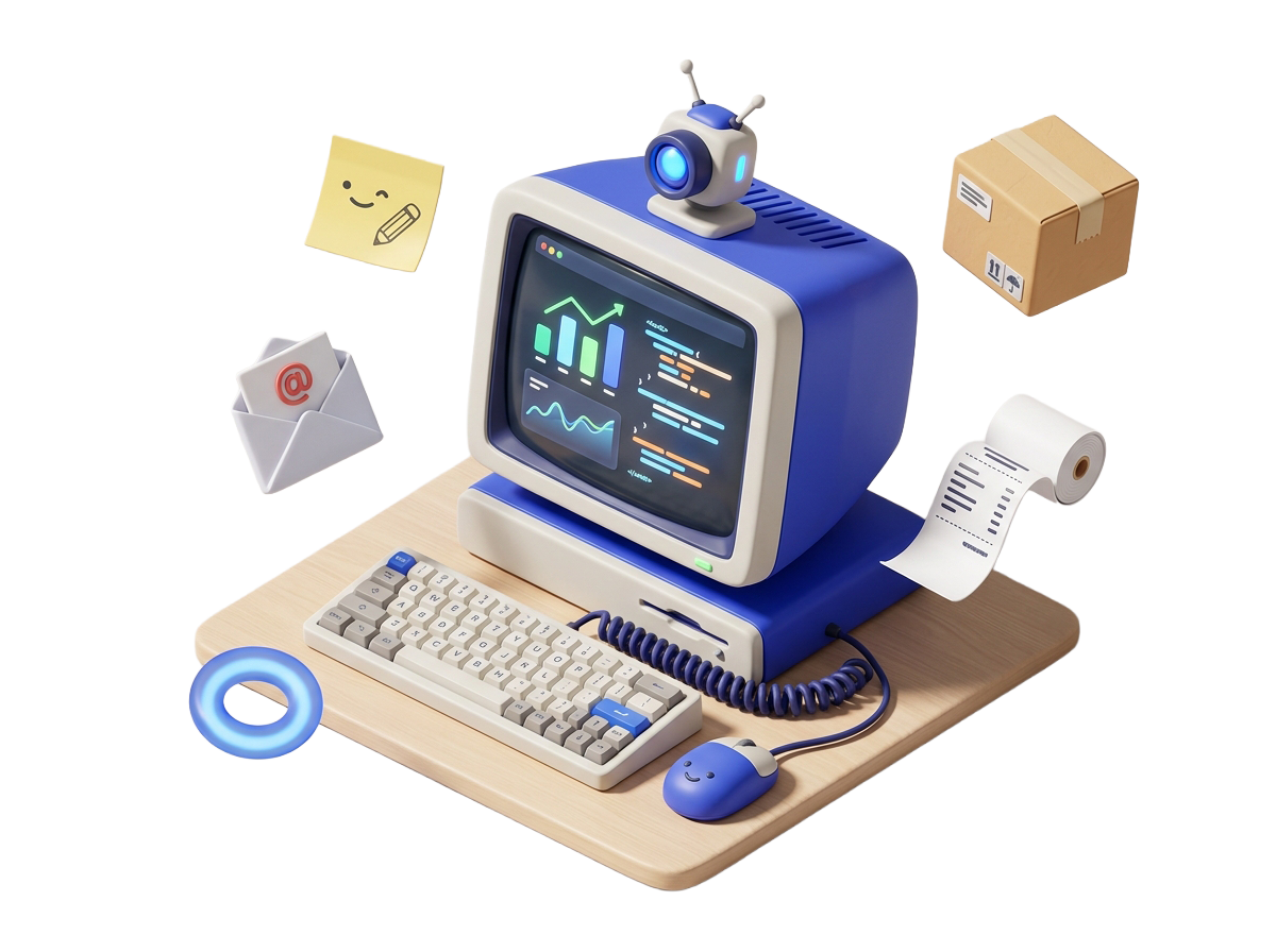 3D Retro Computer Terminal with E-Commerce Analytics, Smiling Mouse and Floating Commerce Elements in Blue Theme